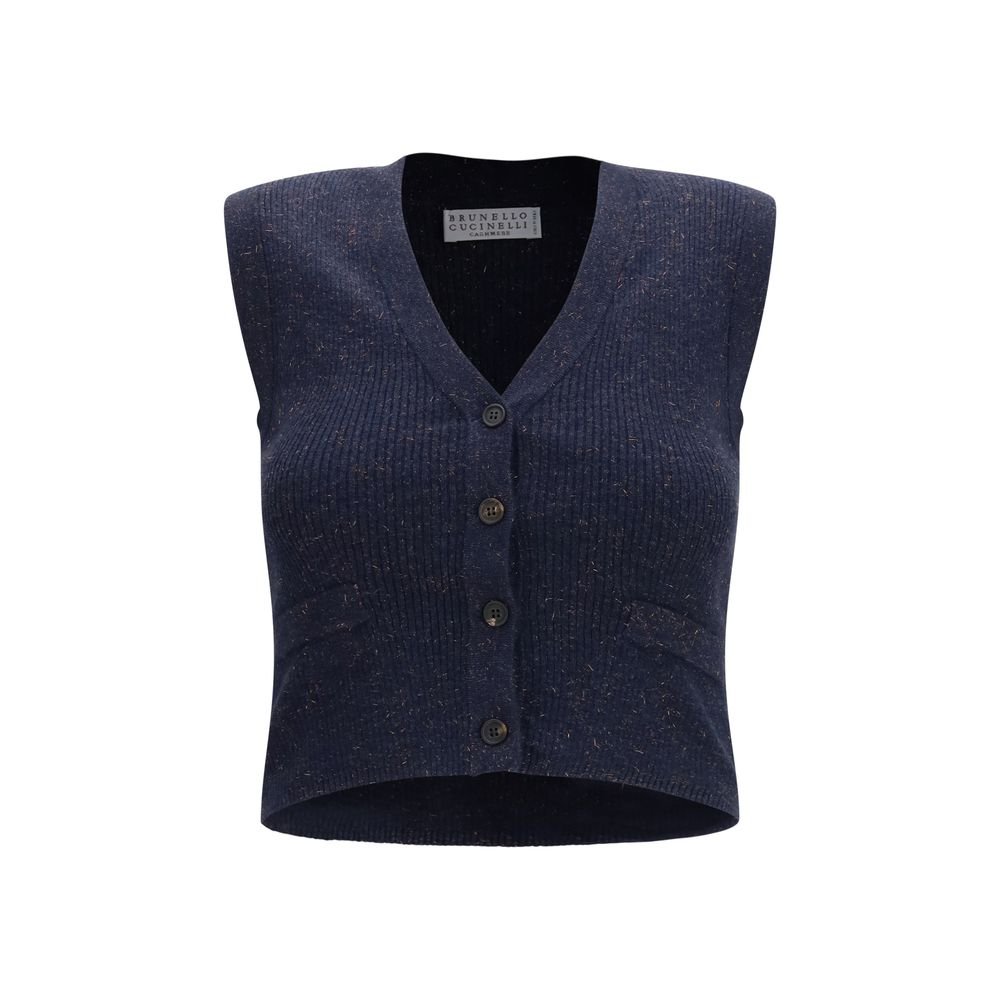 Brunello Cucinelli blauw kasjmieren mouwloos trui