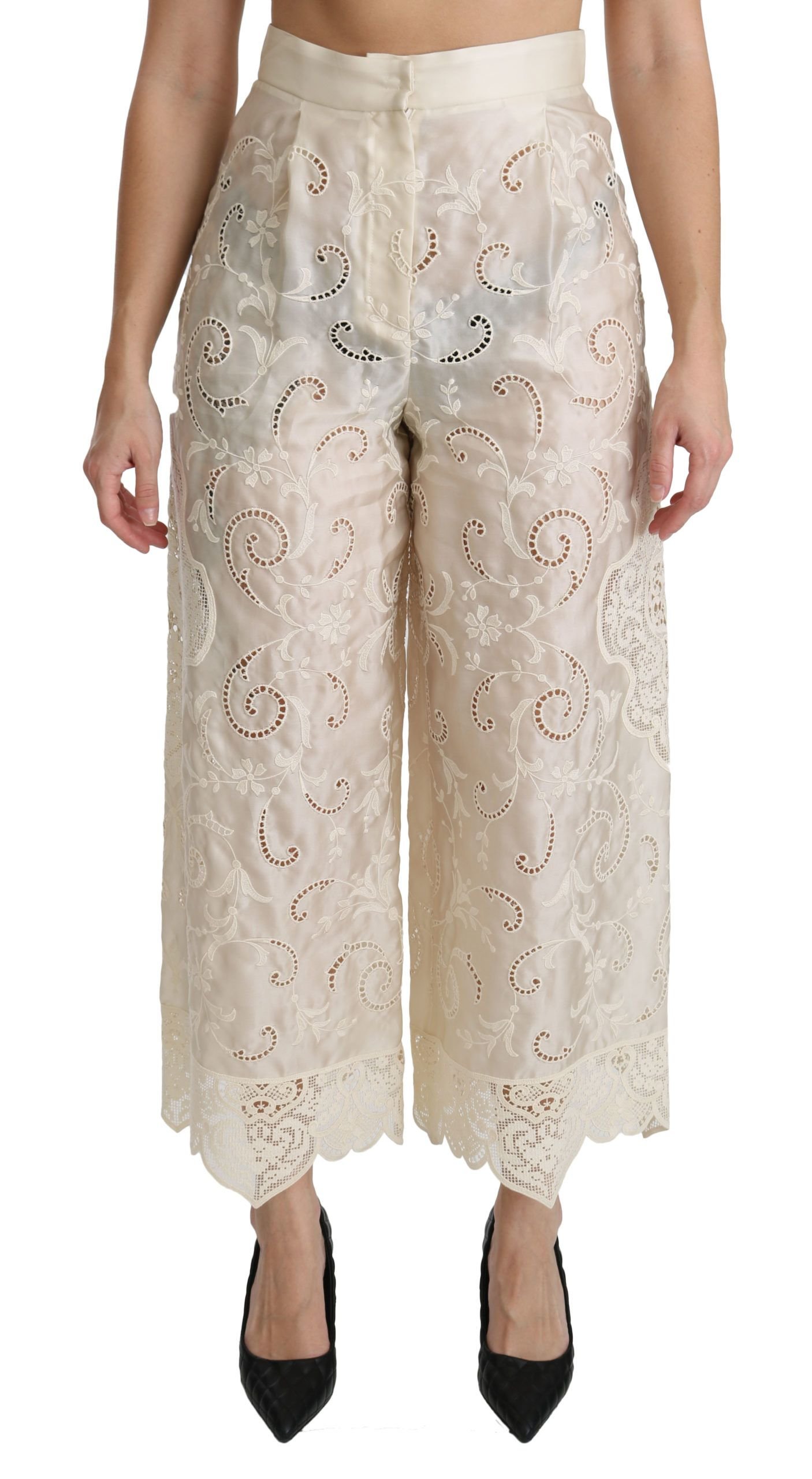 Dolce & Gabbana crèmekleurig Lace High Waist Palazzo cropped broek