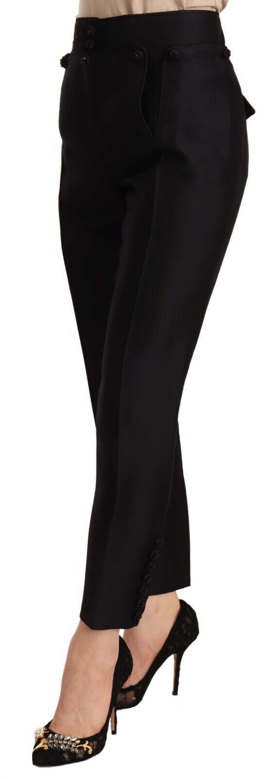 zwart Button Embellished Cropped High Waist broek