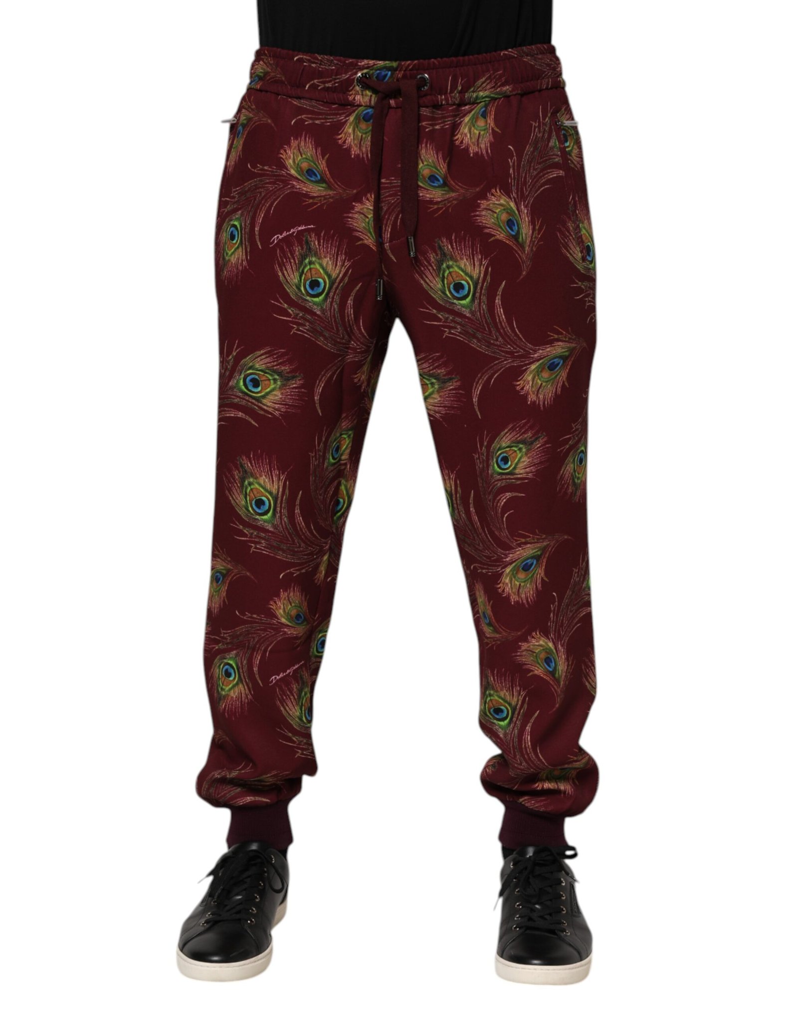 Dolce & Gabbana Burgundy Peacock Feather Print Jogger broek
