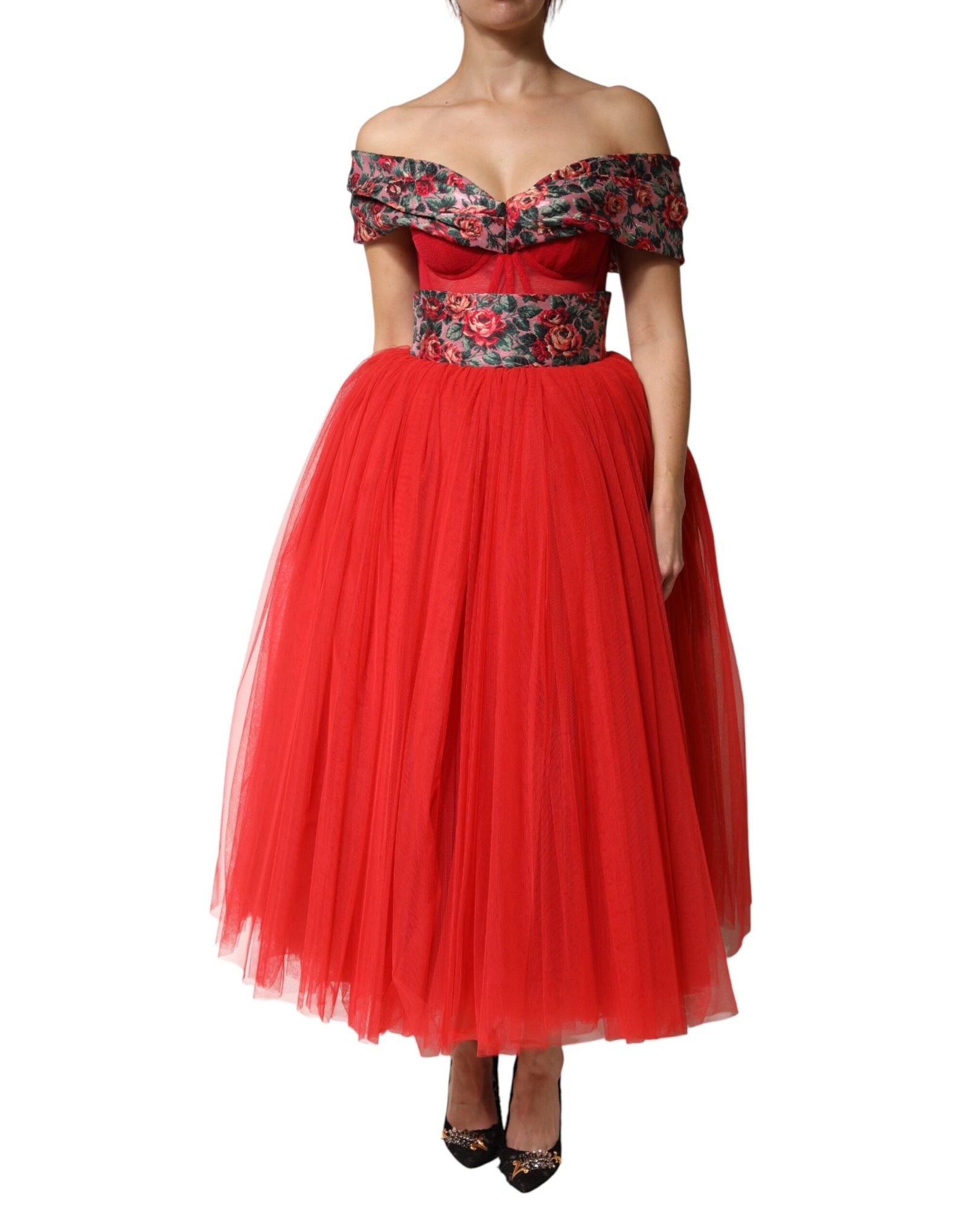 Dolce & Gabbana rood Floral Off Shoulder A-line Gown jurk
