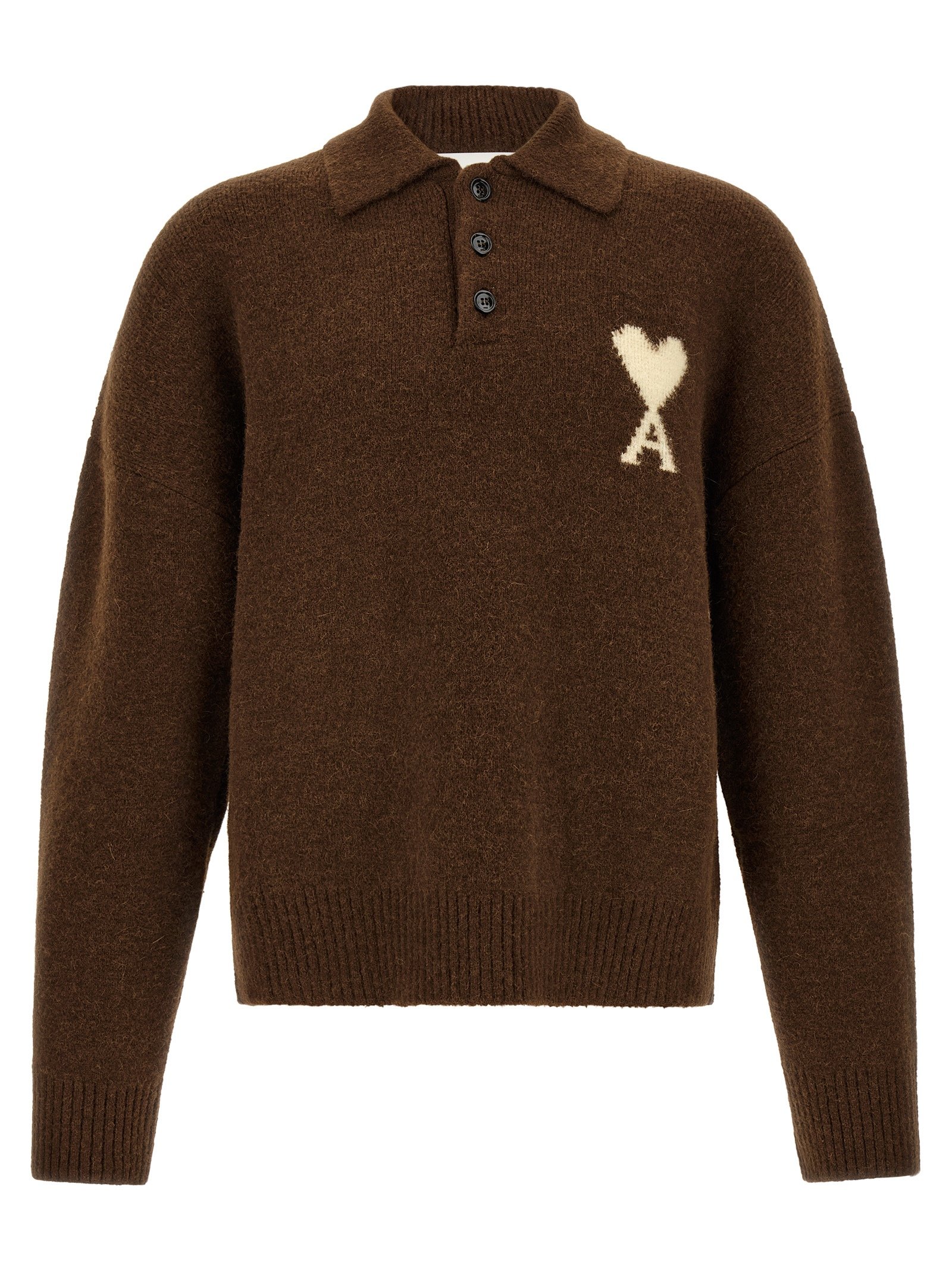Ami Paris bruin Alpaca leren poloshirt